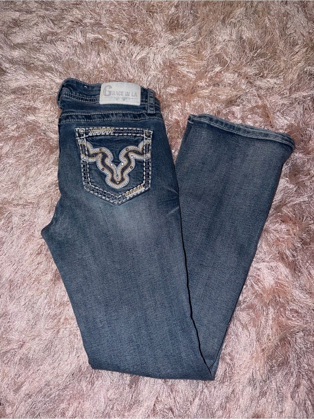 Grace in LA Women's Dark Blue Bootcut Jeans with Embroidered Pocket